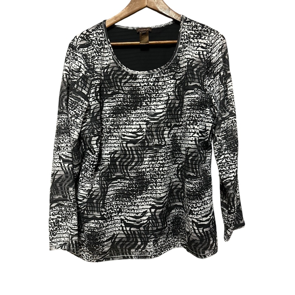 Multiples Black & White Abstract Print Pleated Long Sleeve Top Size L